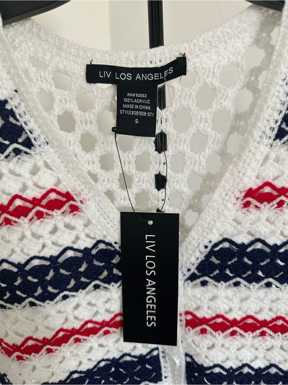 Luv Los Angeles Women's White Navy Red Crochet Cardigan Sweater - Picture 2 of 3